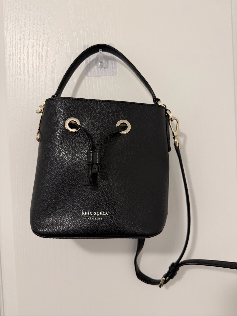 kate spade Black Pebbled Leather Drawstring Crossbody Bucket Bag